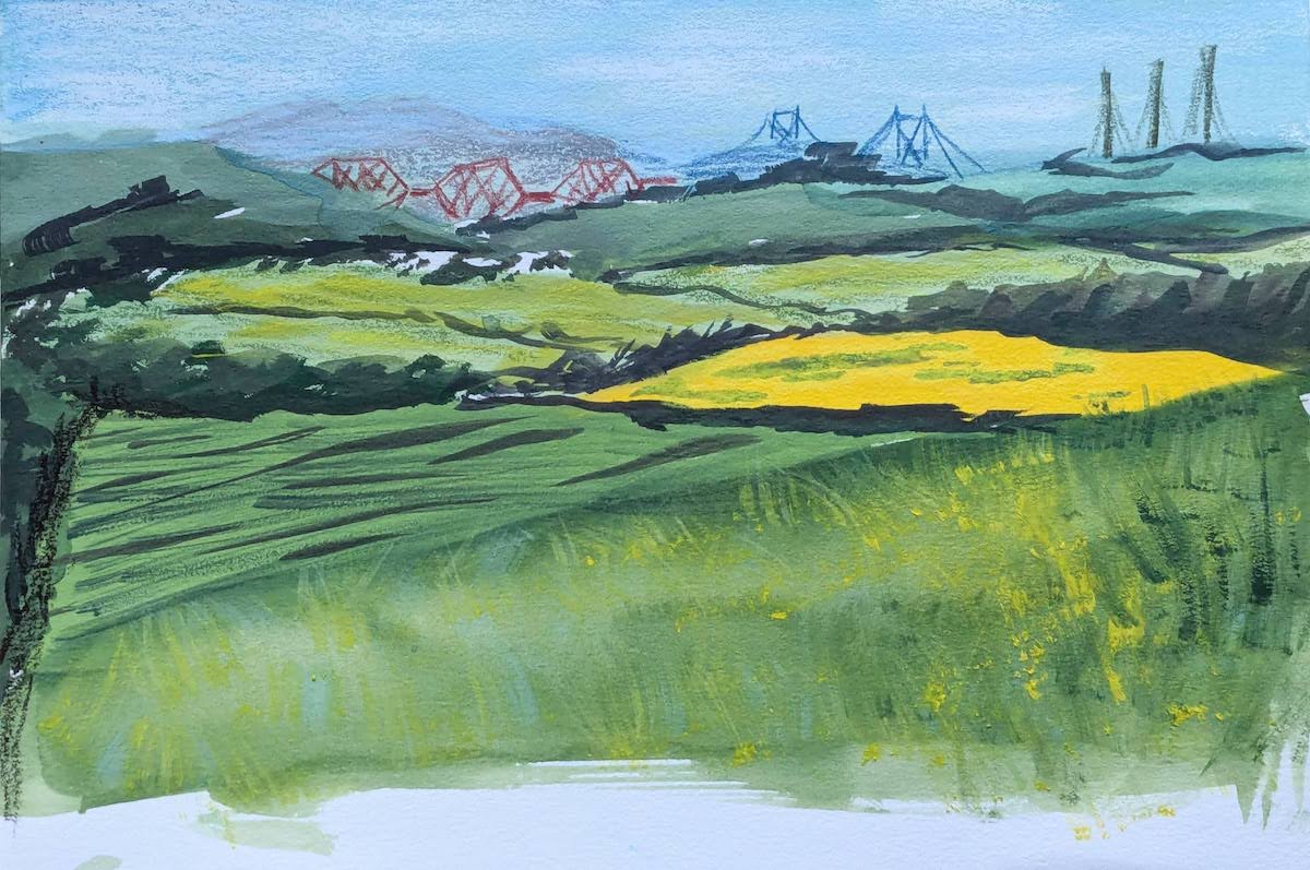 Gouache painting of rapeseed fields